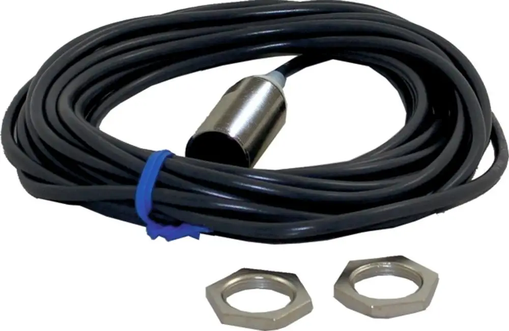 Sensor mit Kabel und Anschlussstücken für Rostreinigung oder Saugklappe, hergestellt von Wolf. Metallischer Sensor im Fokus, umgeben von schwarzem Kabel.